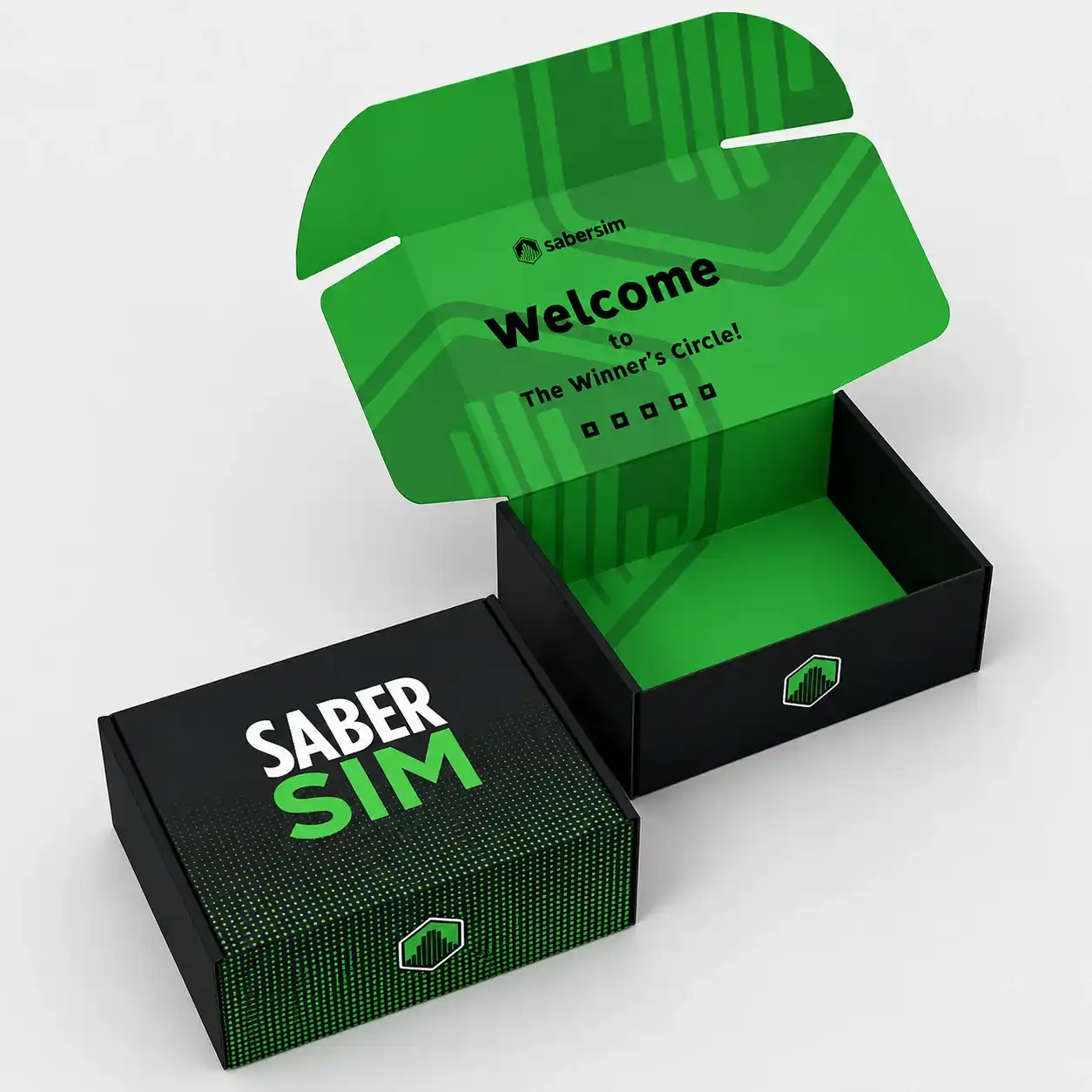 SaberSim welcome mailer box with printed interior