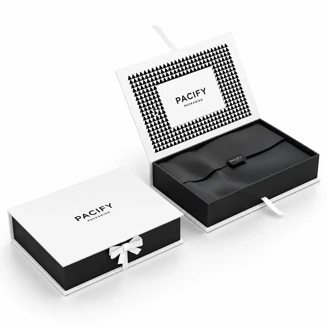Black and white magnetic closure rigid gift box with soft touch lamination